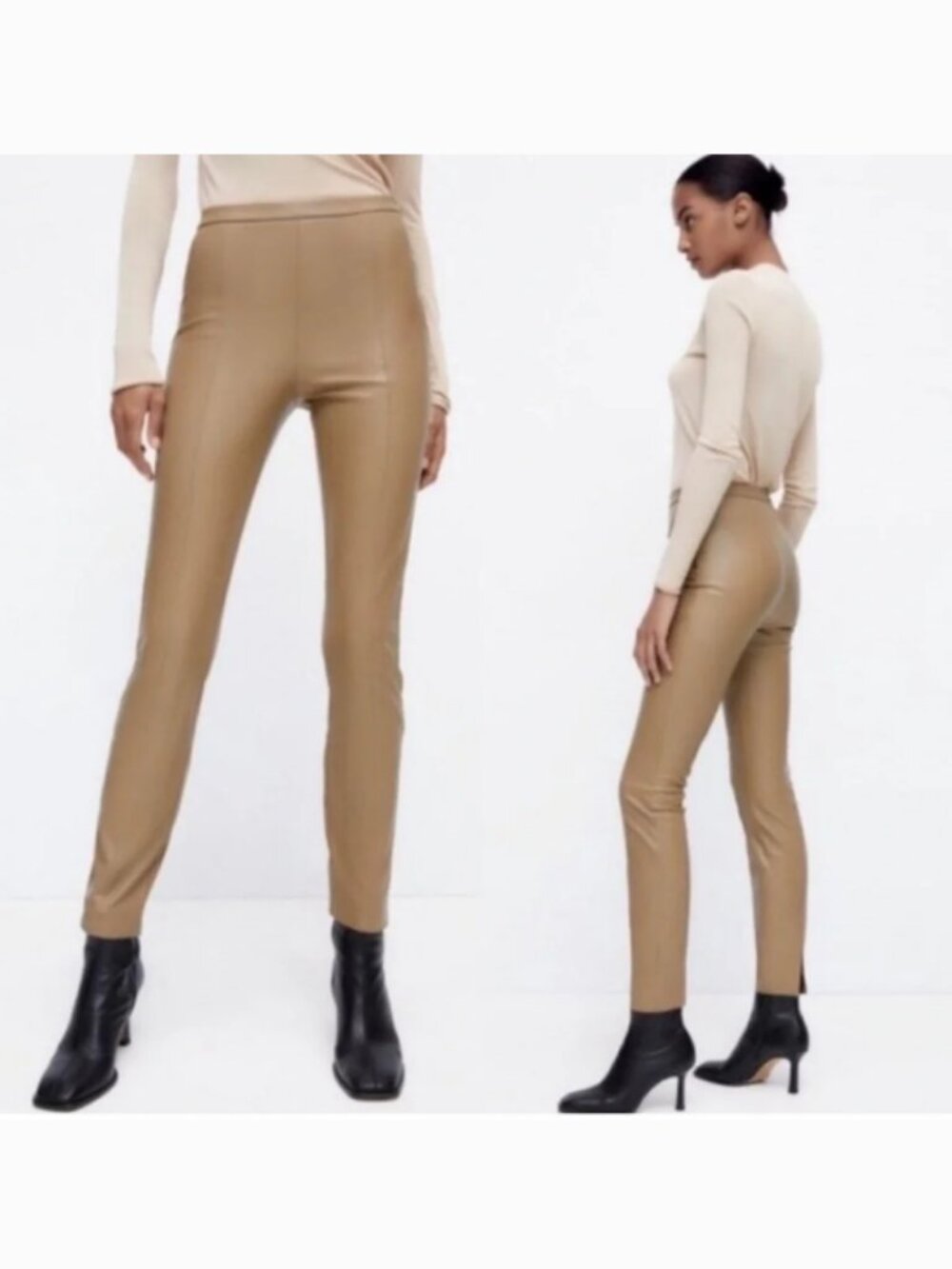 Zara Size L Faux Leather Leggings Pants Beige Taupe Slim Leg Skinny Stretch